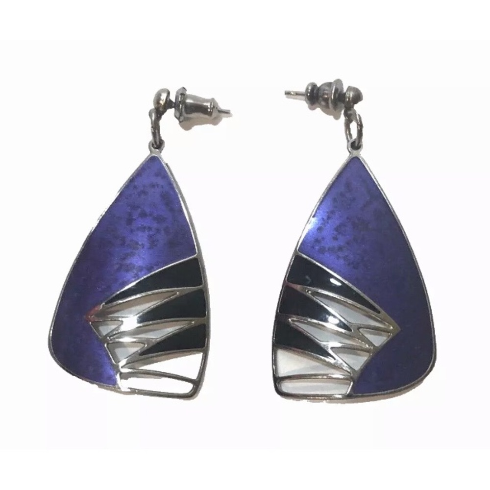 Berebi Purple Enamel Dangle Post Earrings..They are Silver-tone from 1980’s.